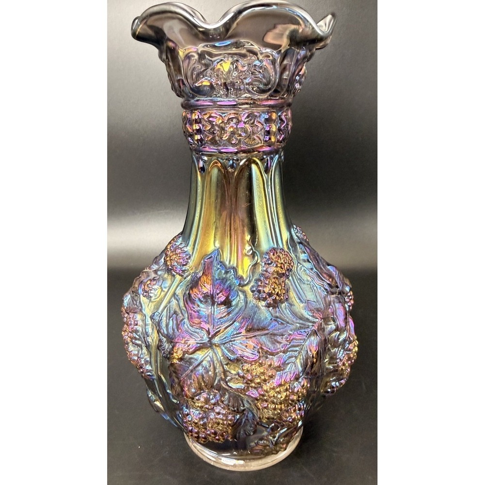 Vintage Imperial LoganBerry Iridescent Carnival Glass Vase Floral Grapes 10"Tall